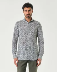 Camicia in misto lino e cotone a fantasia floreale verde militare