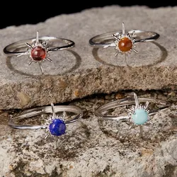 Source Manufacturer S925 Sterling Silver Natural Blue Gold Tiger Eye Turquoise Garnet Color Treasure Ring Female Sun Open