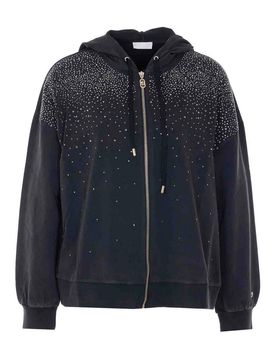 Felpa con cappuccio e zip in cristalli neri