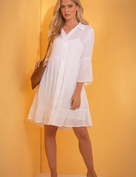 Women's Semi Sheer Shimmer Stripe Shirt Dress in White Size: 14 - White - Size: 14 - Klass. - FashionsVida