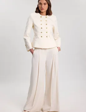 Women's Cotton Tailored Button Detail Peplum Blazer in Ivory Size: 14 - Ivory - Size: 14 - Karen millen - FashionsVida
