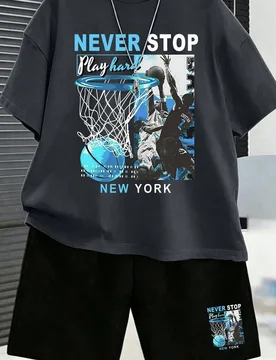 Conjunto deportivo con gráfico de baloncesto de Nueva York para adolescentes varones, que incluye camiseta de cuello redondo + pantalones cortos, con - Shein - FashionsVida
