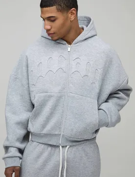 Herren Oversized Shrunken Boxy Embossed Gothic Herren Zip-Through Hoodie Sweatshirt Grey Marl Größe Large - boohooMAN - FashionsVida