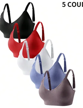 Set de 5 sujetadores de ocio cómodos con costillas lisos para tallas grandes de mujer - Shein - FashionsVida