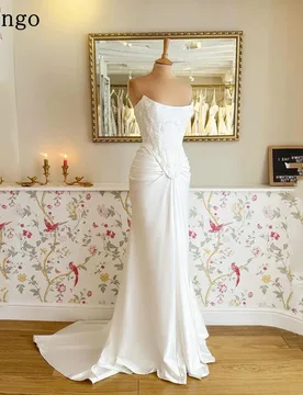 Verngo lvory Crepe Wedding Dress Strapless Mermaid Bridal Gowns Pleat Sweap Train Bride Dress Customized vestido de satén - Aliexpress - FashionsVida