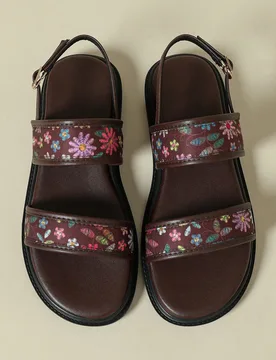 Sandalias de mujer con suela gruesa 2026, material de ante a rayas frescas, bohemio retro con flores aleatorias, punta abierta, tacón de cuña cómod - Shein - FashionsVida