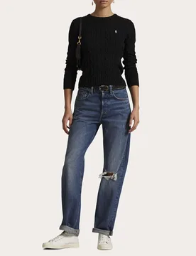 Maglioncino girocollo nero Polo in cotone pima a trecce con logo Pony ricamato - Ralph Lauren - FashionsVida