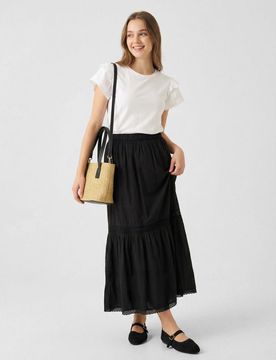 Gonna midi in cotone con elementi in pizzo - nero