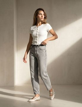 Jeans balloon a vita alta con cintura - grigio chiaro