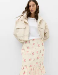 Floral Ruffle Hem Midi Tiered Skirt Ivory Mix female