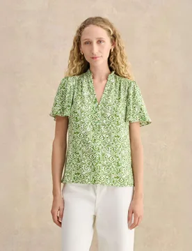 Floral Notch V-Neck Angel Sleeve Blouse Green Mix female - Hobbs - FashionsVida
