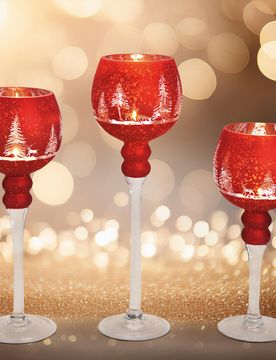Teelichthalter Glas-Kelch Winterwald rot 3er-Set