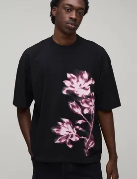 Men's Oversized Boxy Blurred Floral Print T-Shirt Black Size X-Large Black XL - boohooMAN - FashionsVida