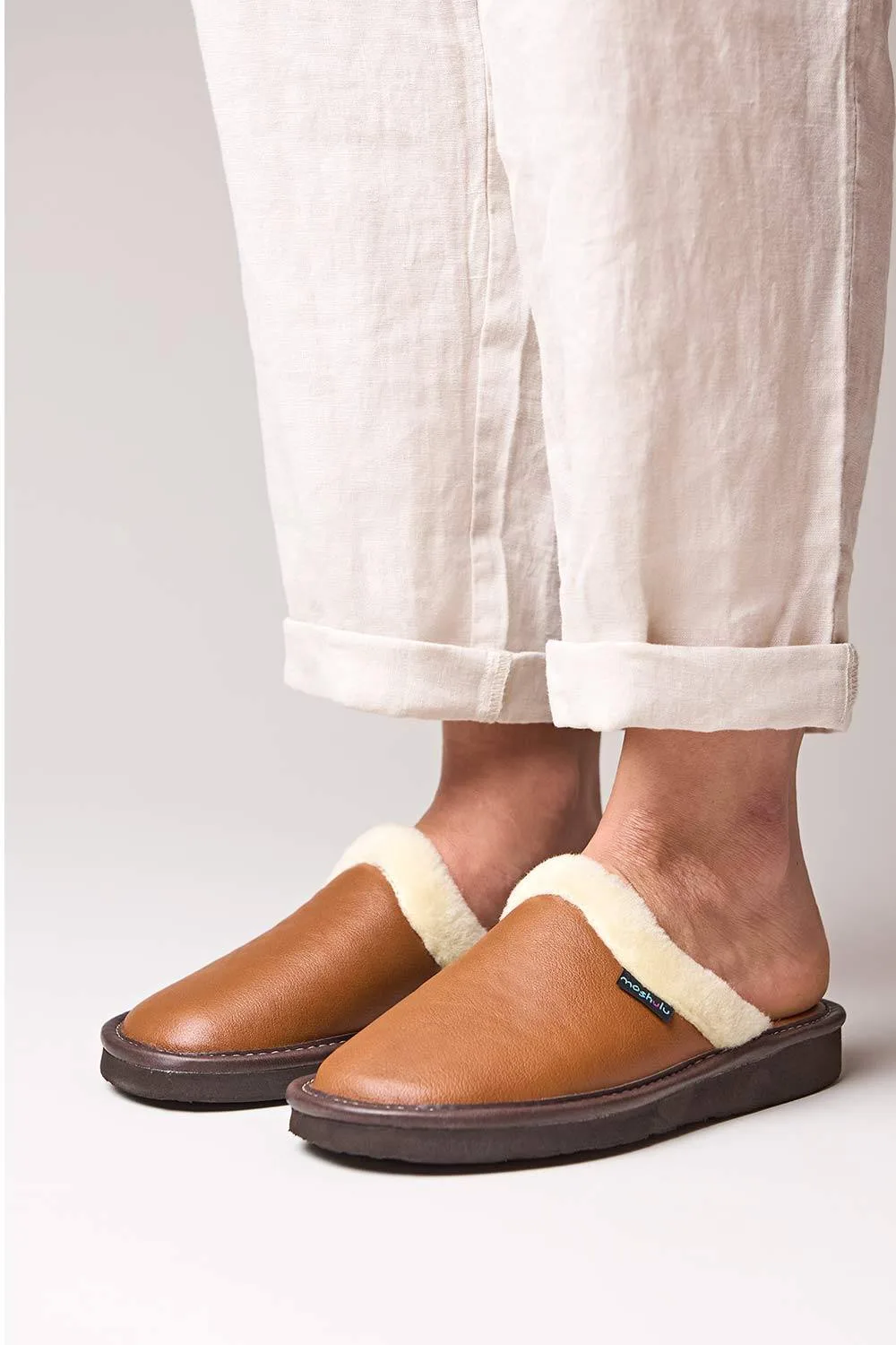 Women's 'Adele 2' Classic Leather Mule Slippers in Tan Size: 3 - Tan - Size: 3 - Moshulu - FashionsVida