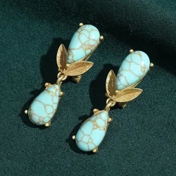 Vintage Leaf Turquoise Earrings Dangle Antique Gold Color Designer Jewelry For Women 2026 Mother Birthday Charm New