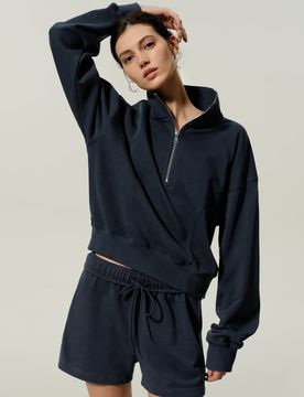 Donna Pullover in Seta e Cotone con Mezza Zip Morbido Traspirante L