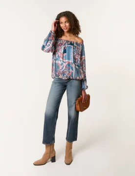 Paisley Printed Bardot Puff Ball Blouse - S / TEAL - female - Blue Vanilla - FashionsVida