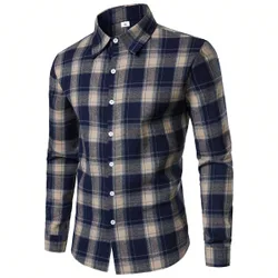 Camisa casual de manga larga con botones de franela a cuadros para hombre
