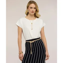 Camiseta de mujer bimaterial mezcla de algodón parte delantera en raso fluido