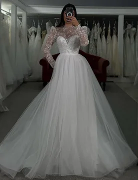 High-Neck Wedding Dress Organza With Embroidery A-Line Floor Length Ballgown Fullsleeve Customized Bride Button Vestido De Novia - Aliexpress - FashionsVida