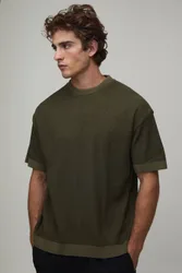 Herren Normal Geschnittenes Geripptes Strick-Oberteil Mit Kontrastbündchen Olive Größe XS