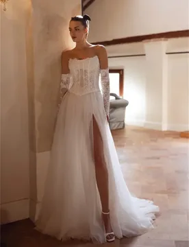 Modern Lace Mermaid Wedding Dress Strapless Appliques Beads Long Sleeves Tulle Bridal Bride Gowns Two Pieces Vestidos De Noiva - Aliexpress - FashionsVida