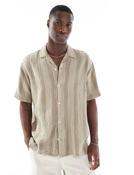Mens Revere Collar Shirt In Tan Texture Stripe - Beige - Size X-Small - Jack & jones - FashionsVida