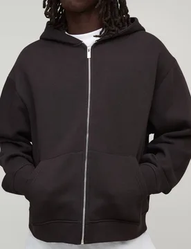 Men's Essential Oversized Boxy Zip Through Hoodie Chocolate Size Medium Chocolate M - boohooMAN - FashionsVida