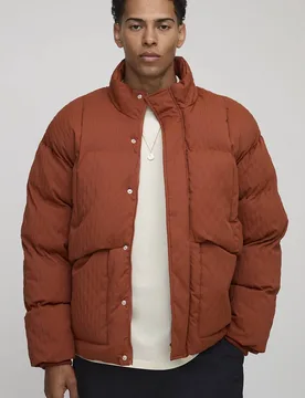 Men's Oversized Fit Textured Funnel Neck Puffer Jacket Rust Size Small Rust S - boohooMAN - FashionsVida