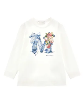 T-shirt bianca in cotone stretch a maniche lunghe con stampa logo floreale - Monnalisa - FashionsVida