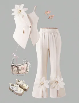 Nuevo diseño de verano para niñas, conjunto de 2 en 1 con top de tirante asimétrico y chaqueta, top sin mangas con bajo asimétrico y pantalones ac - Shein - FashionsVida