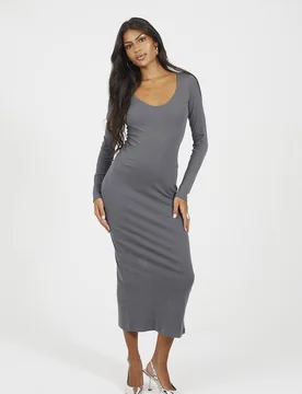 Fitted Long Sleeve Maxi Dress - Grey - Size: M - Brave soul - FashionsVida