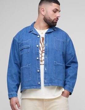 Herren Plus Oversized Boxy Carpenter Pocket Denim Hemd Mid Blue Größe 2XL
