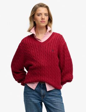 Superdry Damen OverGrößed Zopfmuster-pullover mit V-ausschnitt Red - Größe: 36