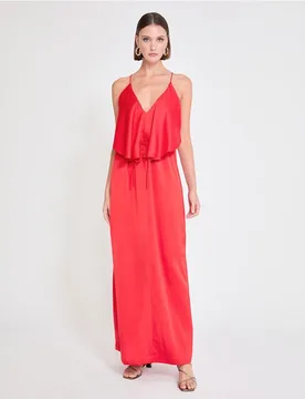 Vestido largo con escote pico y volantes - Lola Casademunt - FashionsVida