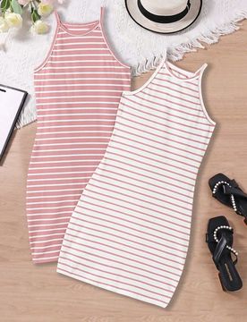 Conjunto de vestido casual sin mangas a rayas para niñas preadolescentes