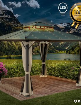 Alu Pavillon PAGODE 3,5x3,5m beige mit Moskitonetz & LED-Beleuchtung