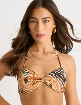 Women's Animal Floral Print Twist Front Bikini Top in Light Brown Size: 14 - Light Brown - Size: 14 - Gini London - FashionsVida