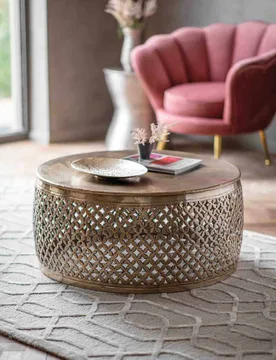 Khalasar Round Metal Latticed Coffee Table Gold - Gallery Direct - FashionsVida
