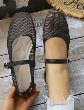 Zapatos planos para mujer con tira de malla hueca, casuales y de moda para el verano, con punta cuadrada, transpirables y minimalistas, zapatos de bal - Shein - FashionsVida