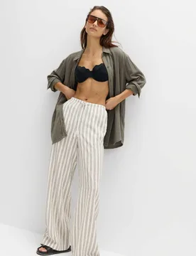 Linen Rich Drawstring Wide Leg Trousers Black Stripe female - M&S - FashionsVida