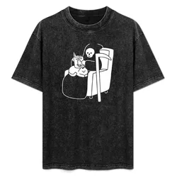 Grim and Cat Reading Time T-Shirt Basic Plain Short Sleeve Crew Neck Tee