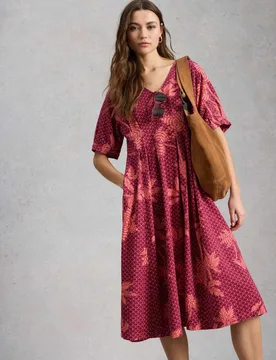 Linen Rich Printed V-Neck Midi Tea Dress Pink Mix female - White stuff - FashionsVida