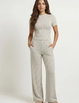 Women's Jersey Striped Wide Leg Trouser Cream Size: 8 - Cream - Size: 8 - Urban Bliss - FashionsVida