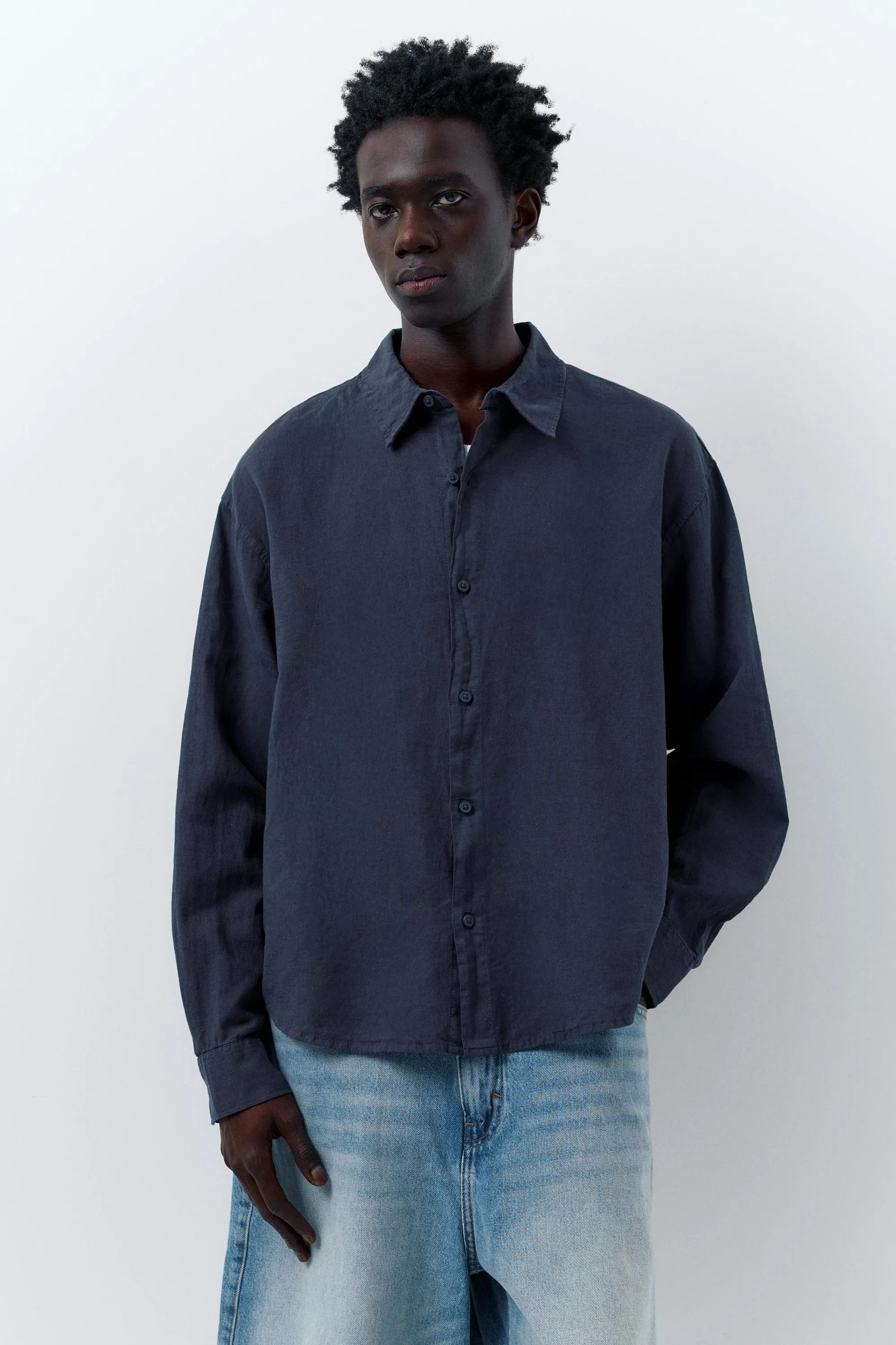 Long Sleeve Linen Blend Shirt (Size: ) - Pull&bear - FashionsVida
