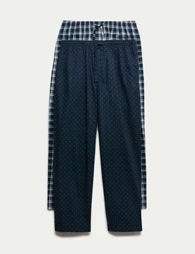 Pack Pure Cotton Checked Pyjama Bottoms Navy Mix male - M&S - FashionsVida