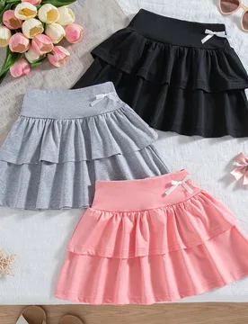 Set de 3 faldas casuales de uso diario para niñas con diseño de lazo 3D y capas de unicolor - Shein - FashionsVida
