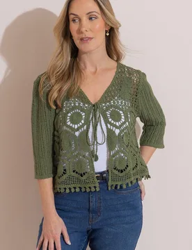 Tie Front Crochet Cardigan Sweater - Khaki - Size: S/M - Klass. - FashionsVida