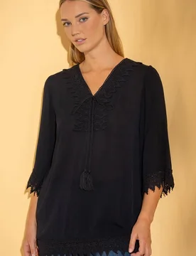 Women's Boho Lace Trim Top in Black Size: 10 - Black - Size: 10 - Klass. - FashionsVida