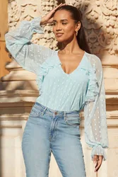 Womens Blue Spot Print Ruffle Detail Mesh Blouse - Size 18 Uk